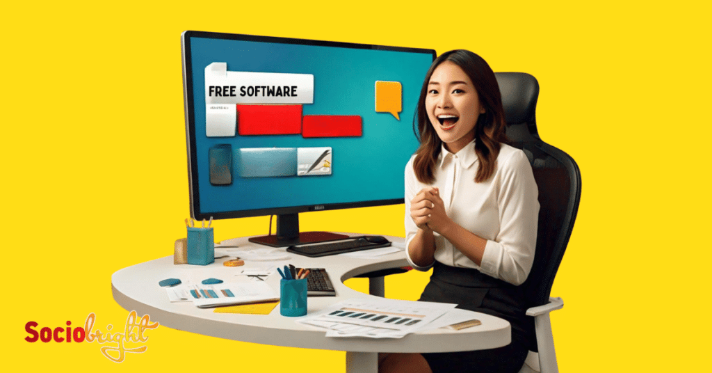 a person excitedly discovering Free SEO Report Software on their computer screen.