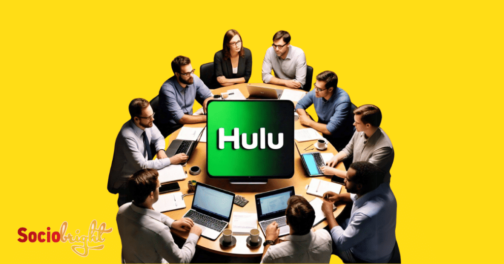 a team of strategists brainstorming and discussing 5 different strategies for Hulu advertising around a round table with a Hulu logo in the center.