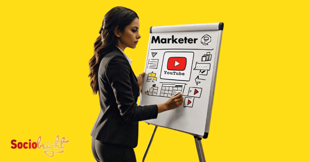 a marketer drawing a strategy on a whiteboard with YouTube interface elements around them.