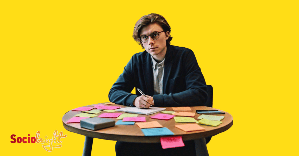 a marketer brainstorming ideas with sticky notes on a glass wall for writing effective Google Ads headlines.