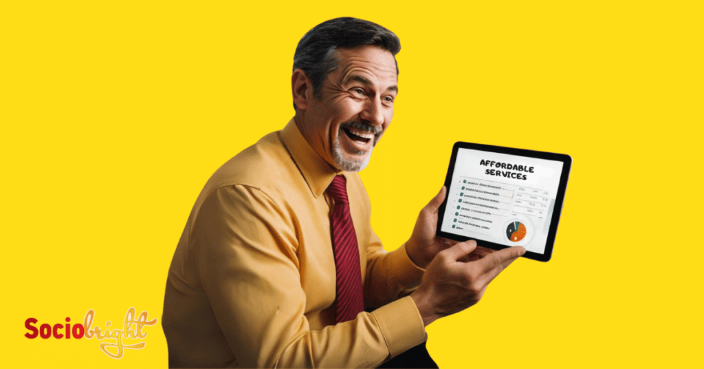 a small business owner happily looking at an affordable SEO services price list on a digital tablet.