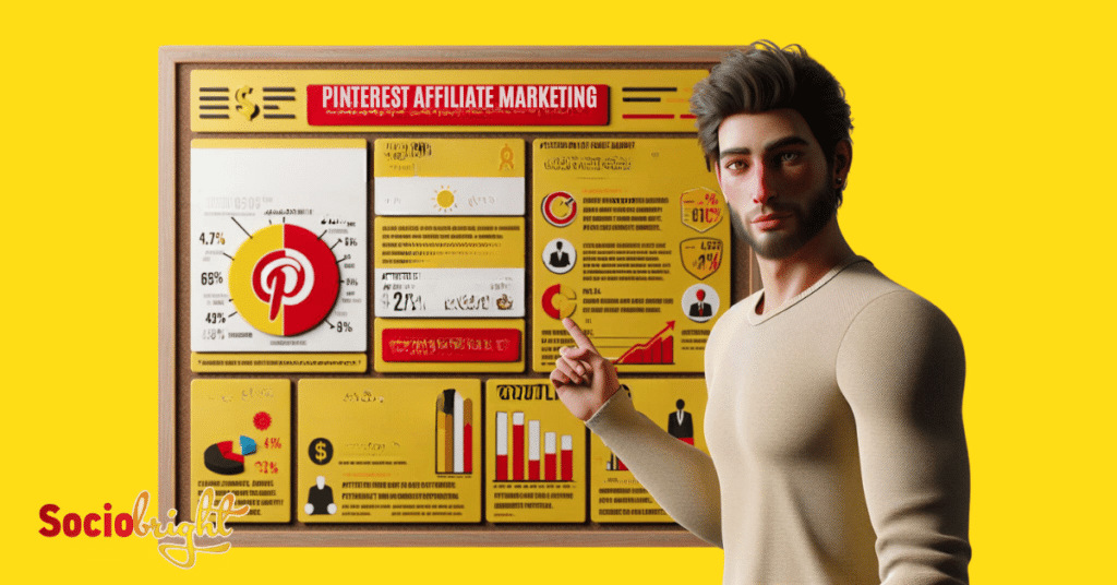 a man pointing towards a board filled with interesting facts about Pinterest affiliate marketing.