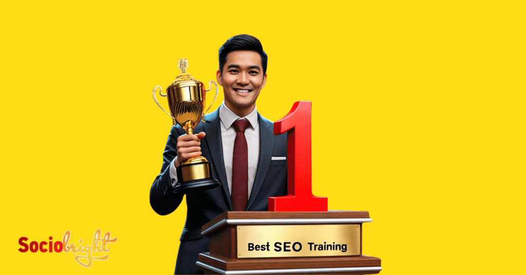 a person holding a golden trophy, standing on a podium with a number one (#1) on it, symbolizing "Identifying the Best SEO Training".