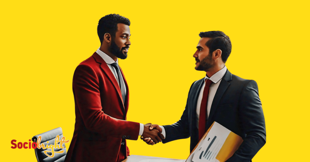 a person shaking hands with an SEO expert in a corporate setting, symbolizing the act of choosing the right expert SEO company.