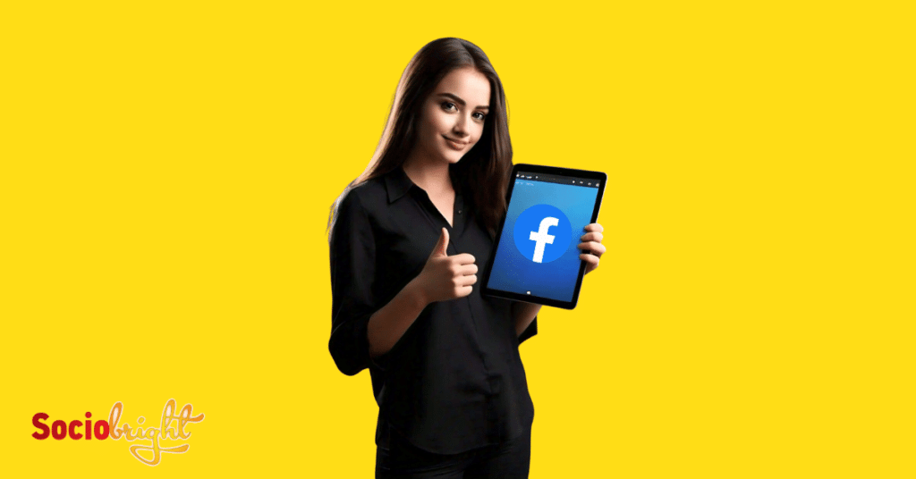 a person giving a thumbs up while browsing Facebook on a computer screen, with the facebook logo showing on the screen.