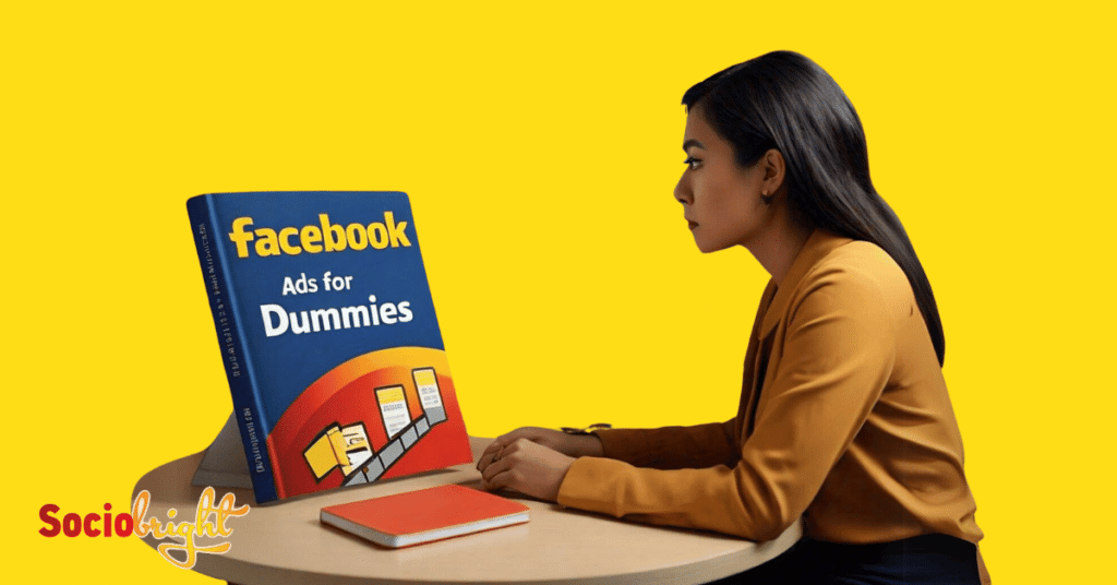a beginner sitting at a desk with a 'Facebook Ads for Dummies' book.