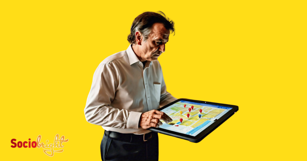 a business owner placing location pins on a digital map on a tablet to represent utilizing Google Maps advertising.