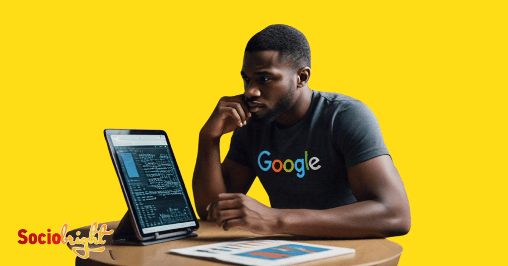 a person wearing a Google t-shirt, deeply engrossed in studying a complex SEO algorithm on a transparent digital screen, representing "Understanding Google SEO Training".