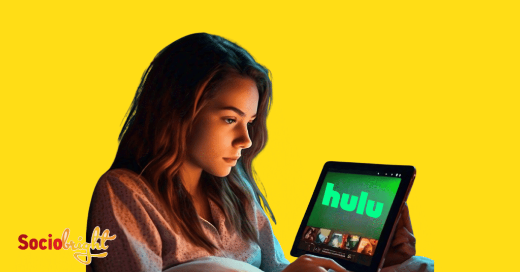 a young woman watching a Hulu ad on her tatblet