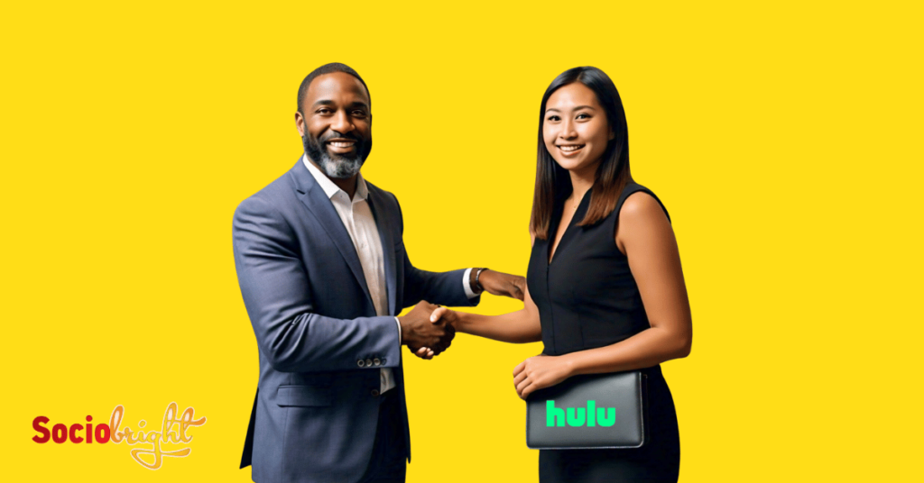 a business owner shaking hands with a representative from a Hulu advertising agency, with the Hulu logo showing on the agent's purse.