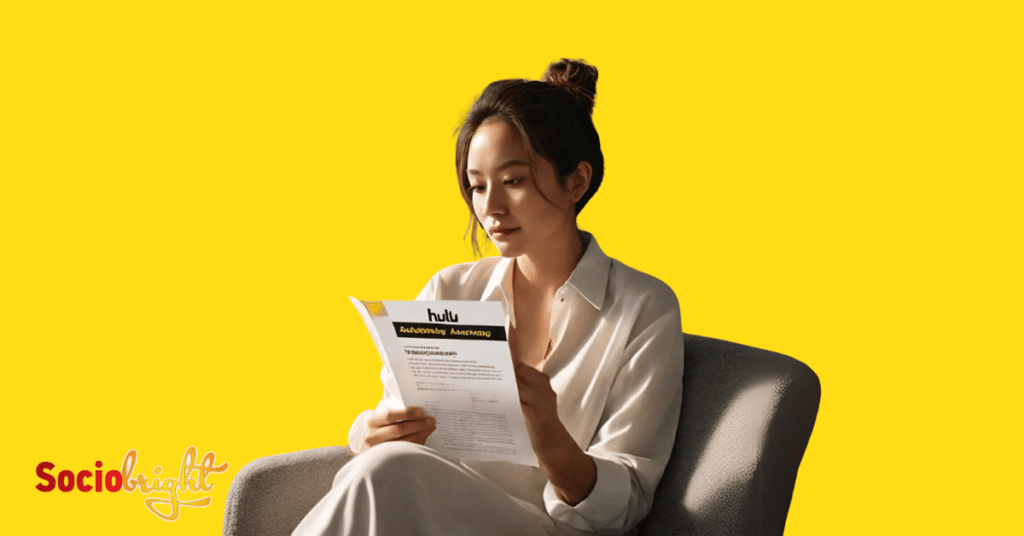 a person reading a pamphlet about Hulu advertising specs