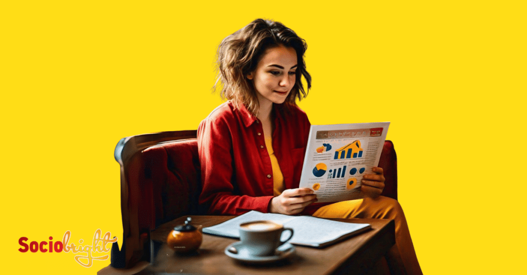 a person reading a pamphlet that contains a bar chart with local SEO statistics.