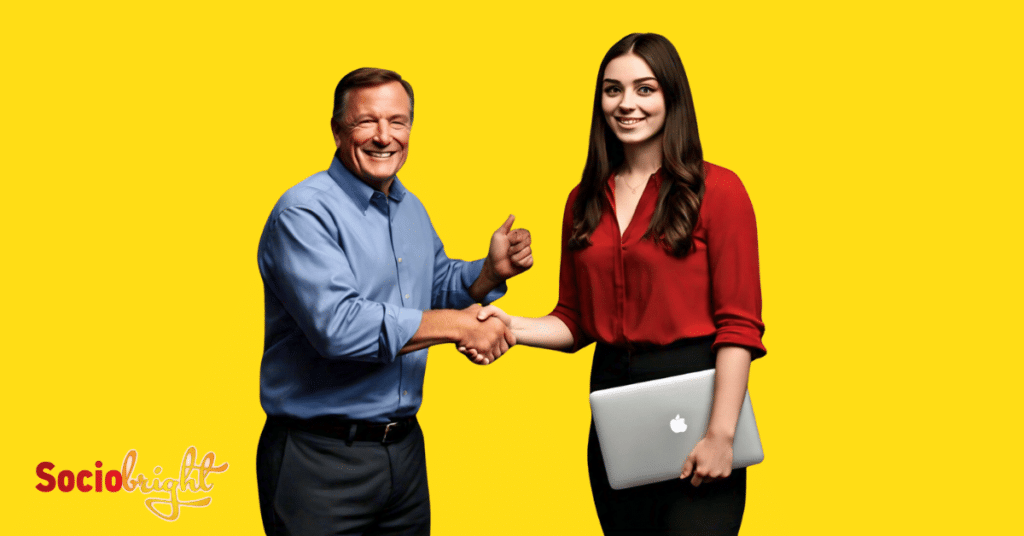 a small business owner shaking hands with an SEO specialist, symbolizing the importance of local SEO for small businesses.