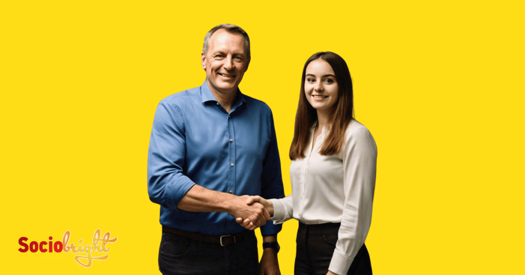 a local shop owner shaking hands with an SEO specialist