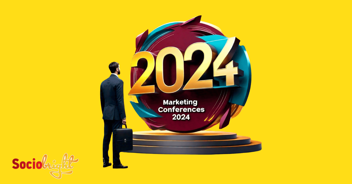 a marketing professional standing in front of a large 2024 sign, symbolizing the Marketing Conferences 2024.