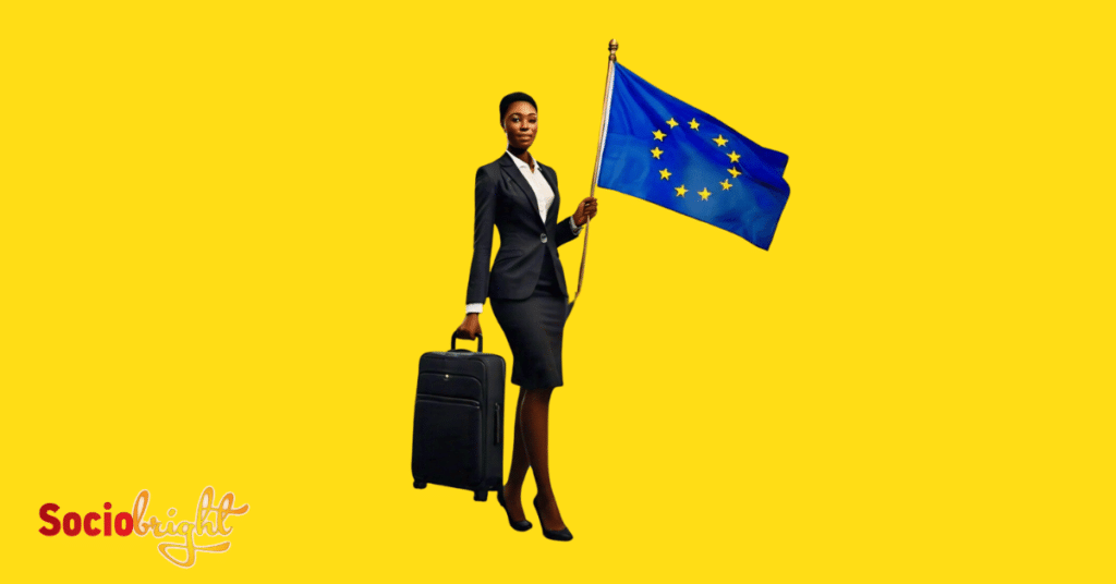 a marketer standing holding a travel  box and a European flag, representing the Expedition to Marketing Conferences 2024 Europe.