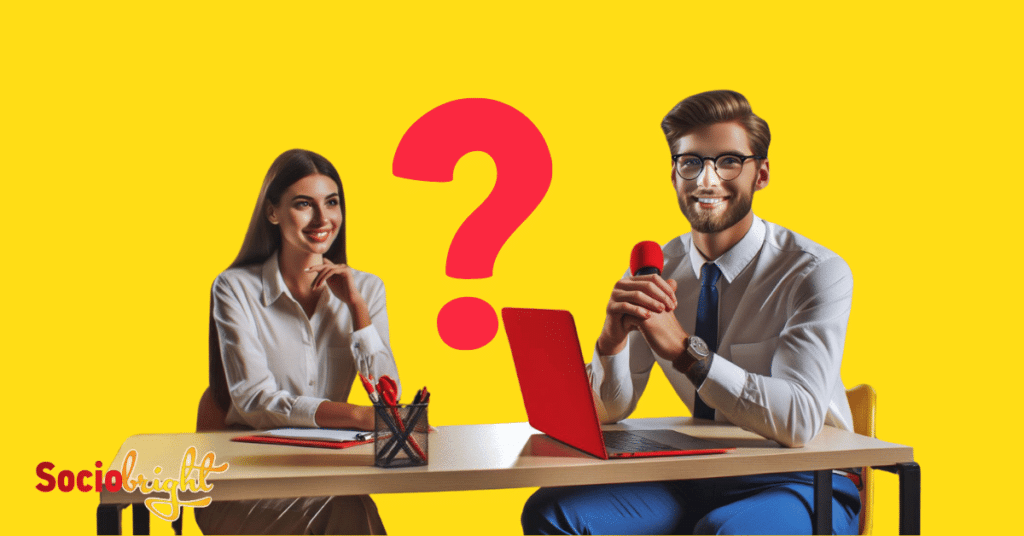 a marketing intern in a question-and-answer session with a senior marketer, with both of them sitting in a modern office. The headline is "Marketing Internships FAQs".