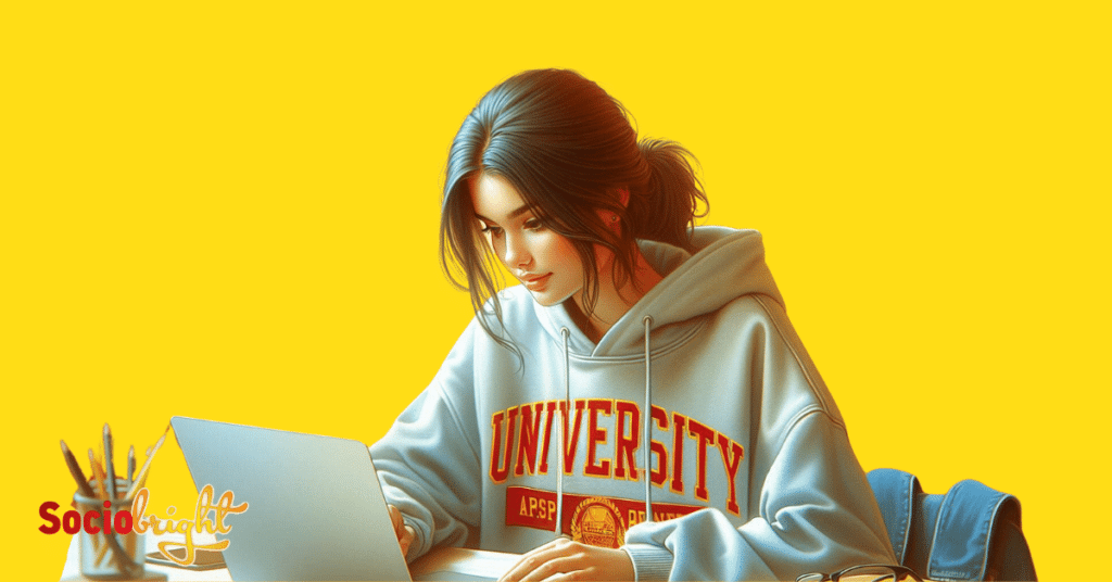 a college student in a university sweatshirt, working on a marketing project on a laptop. The headline is "Marketing Internships Tailored for College Students".