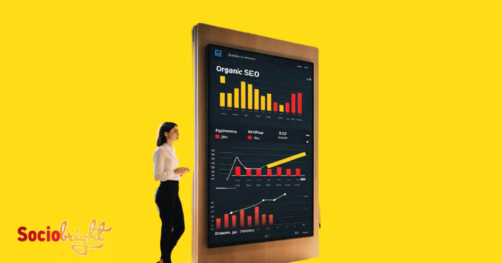 a person presenting a chart with recent statistics of organic SEO on a digital screen.