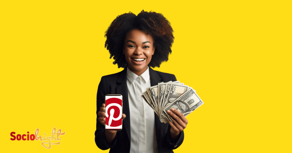 a woman happily displaying a fan of cash and the Pinterest logo on her phone
