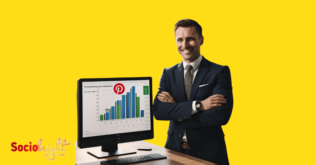 a successful affiliate marketer standing next to a bar chart showing the growth of his Pinterest affiliate marketing efforts.