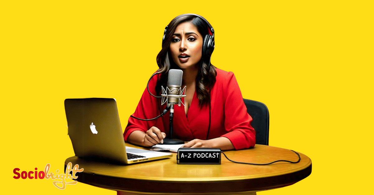 a woman sitting at a desk, speaking into a microphone with a laptop open to a webpage about podcast advertising.
