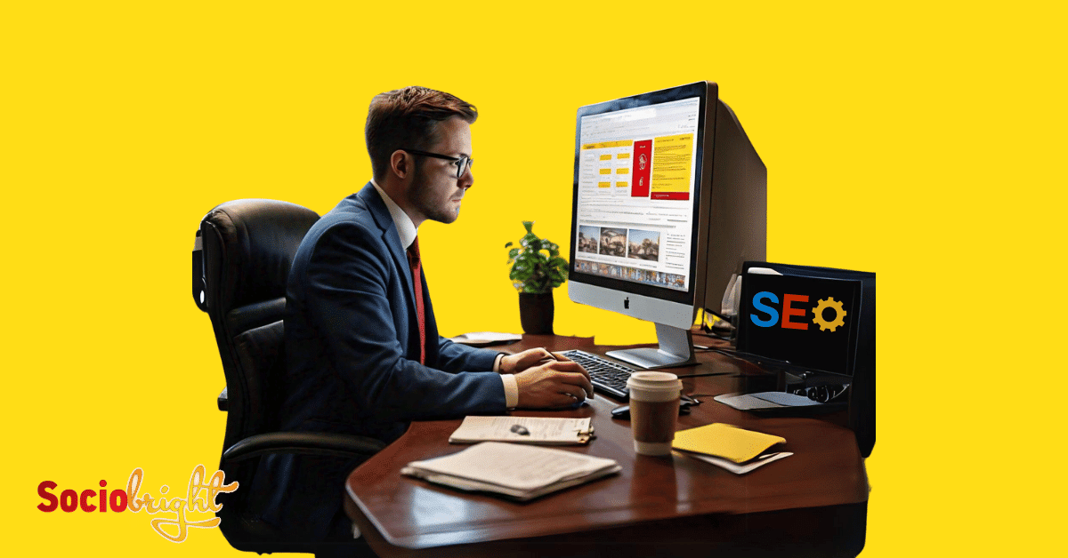 a real estate agent analyzing a website on a computer screen, symbolizing Real Estate SEO Services.