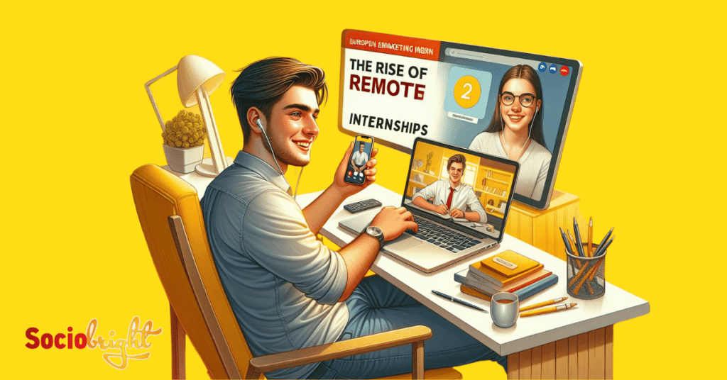 a marketing intern working remotely from a home office, engaged in a video conference on a laptop. The headline is "The Rise of Remote Marketing Internships".