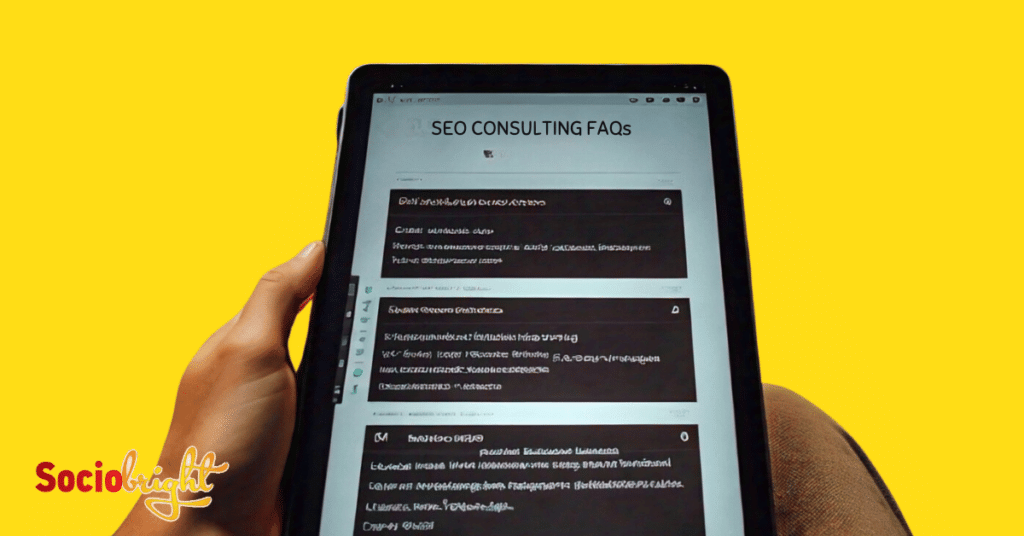 a person reading a list of frequently asked questions about SEO consulting on a tablet.