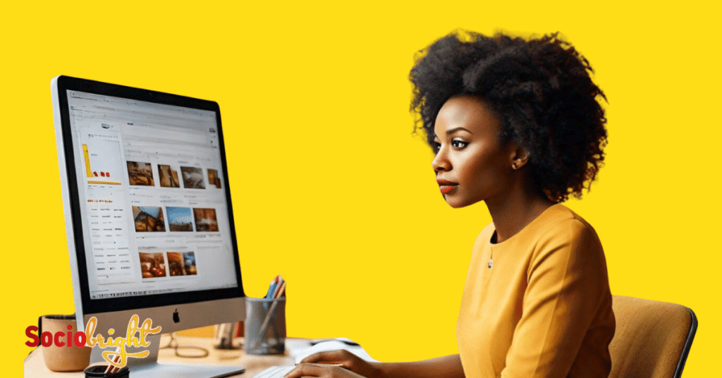 an SEO consultant optimizing an ecommerce website on a computer in a bright workspace.