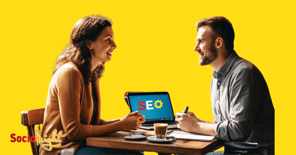 a small business owner having a discussion with an SEO consultant in a cozy coffee shop.