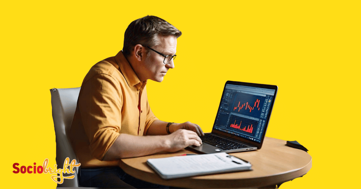 an SEO expert analyzing a website on a laptop screen, with graphs and charts illustrating website traffic and ranking.