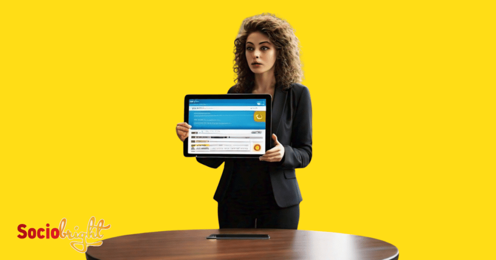 an SEO expert presenting key facts and strategies in a conference room, with a tablet screen displaying a search engine homepage.