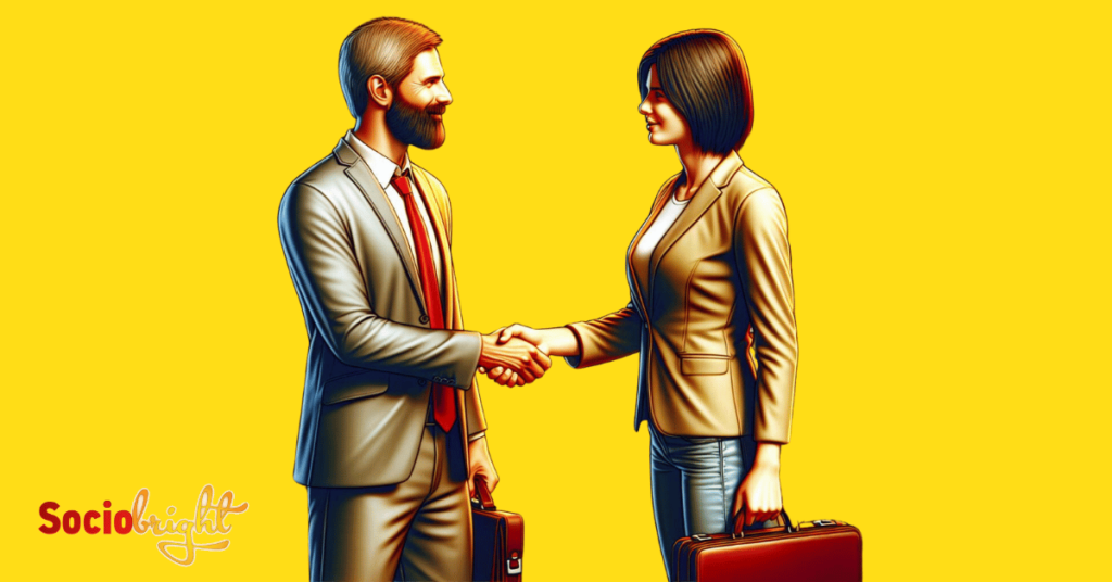 an SEO specialist shaking hands with a client