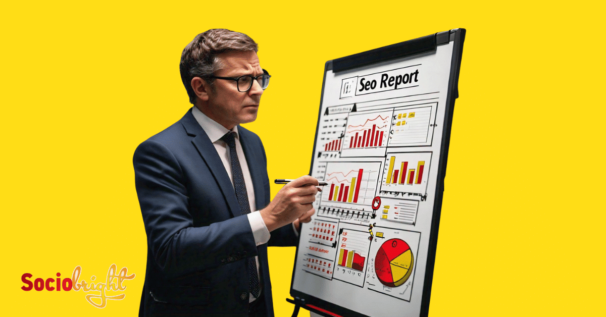 a professional analyzing a **Seo Report** on a board