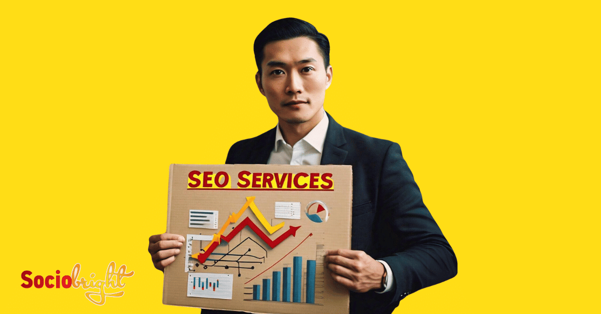a professional SEO expert holding a cardboard paper displaying various SEO metrics and graphs.