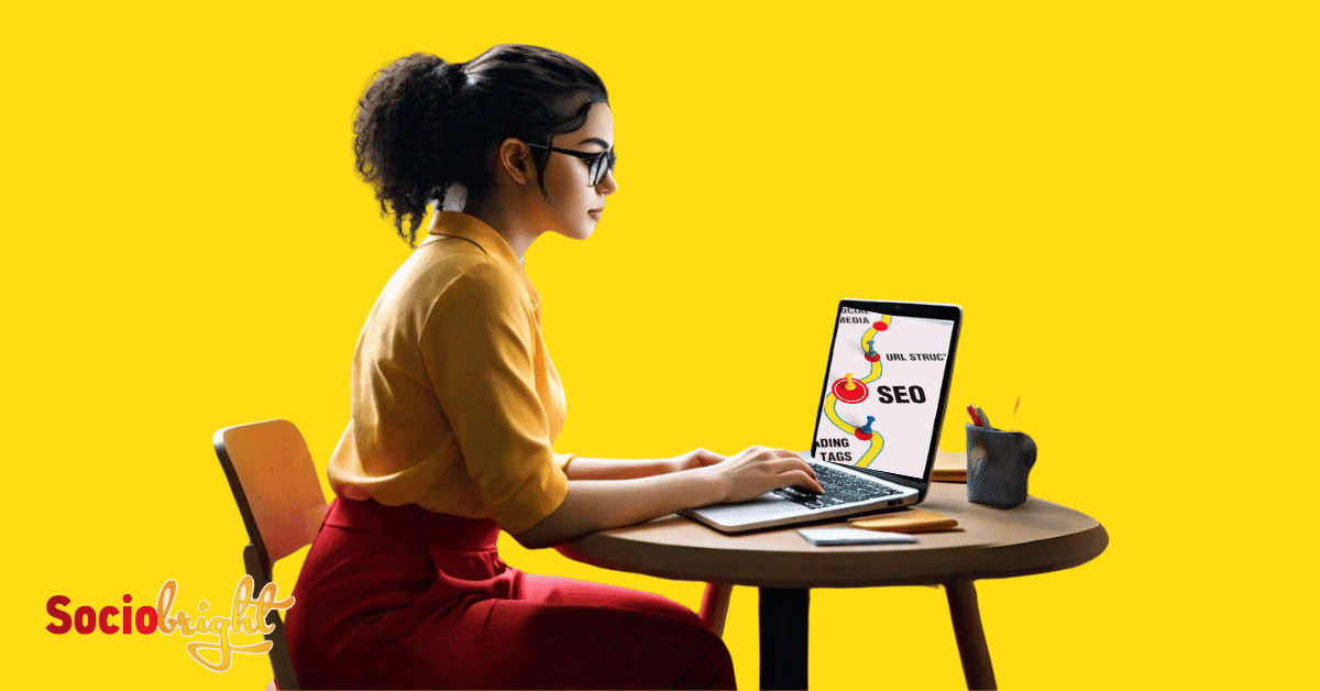 a young woman sitting at a desk, studying on her laptop, with SEO icons floating around her. The image represents the concept of "Seo Training".