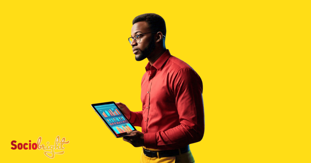 a man holding a tablet with the screen displaying colorful charts and graphs, symbolizing "SEO Training Statistics".