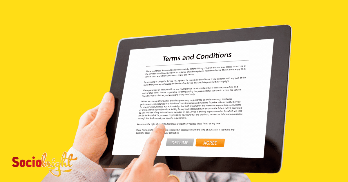 Sociobright Ltd Terms and Conditions cover image with a man's hands holding a table with a terms of service disclaimer pop up