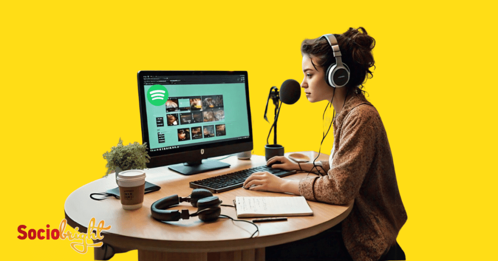 a person sitting at a desk, crafting an engaging Spotify ad script on their computer, with a pair of headphones next to them.