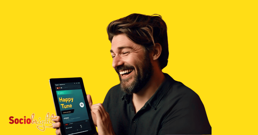 a musician happily looking at their Spotify profile on a computer screen, noticing an increase in their song plays due to effective Spotify advertising.