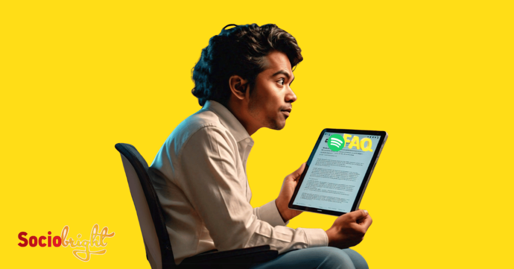 a person reading through a list of Spotify Advertising FAQs on their tablet, with a look of understanding and satisfaction on their face.