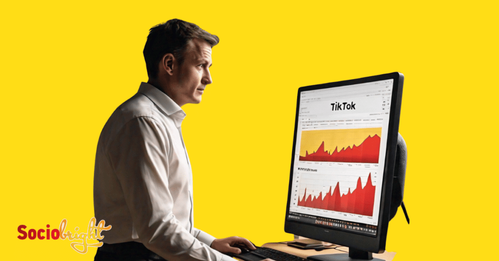 a business owner looking at a computer screen displaying TikTok analytics graphs and engagement metrics.