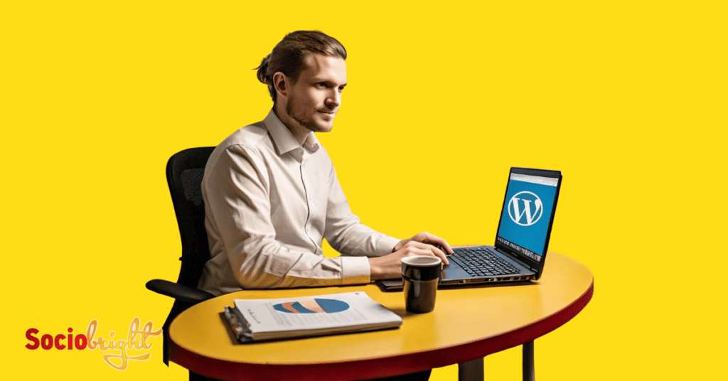 a WordPress SEO expert working on a laptop, with the WordPress logo visible on the screen, symbolizing the benefits of a WordPress SEO expert.