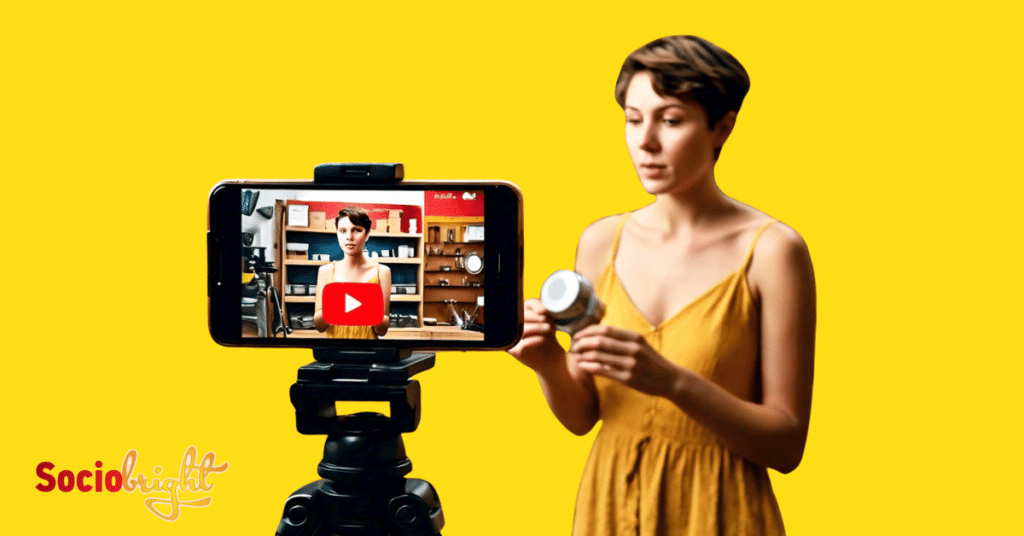 a small business owner filming a product tutorial with a YouTube play button icon overlay.