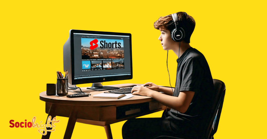 a content creator editing a short video on a computer with YouTube Shorts visible on the screen.